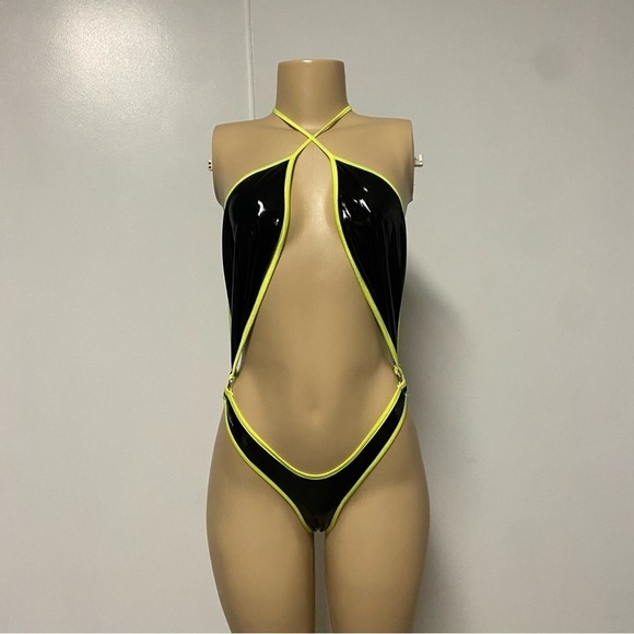 Source Unknown Other - Unbranded black neon green one piece Faux leather bikini Size Small